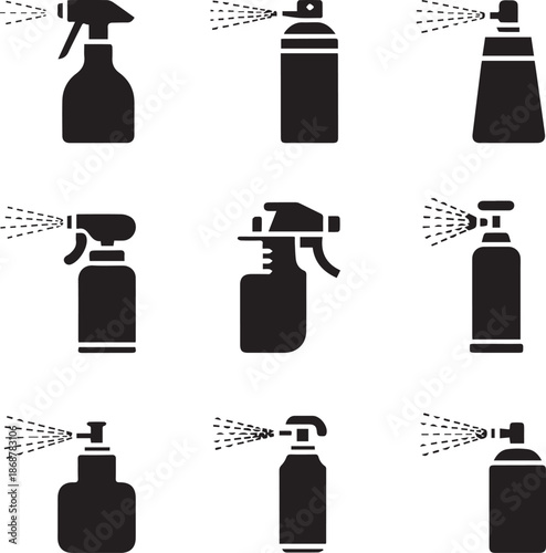 Create Spray vector icon Silhouette. Spray icons set of water or air sprayer nozzle for paint aerosol or deodorant spray Without Background
