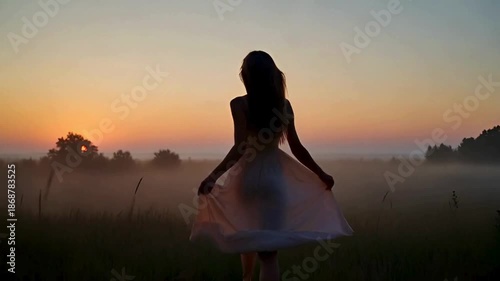 A graceful woman in a flowing dress revels in the ethereal beauty of a misty sunrise over a verdant field, bathed in the soft glow.