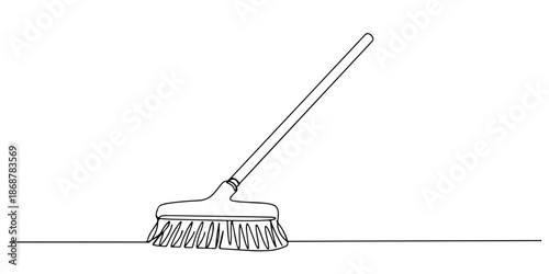 Continuous one line drawing of a broom, symbolizing cleanliness and simplicity, line art style vector illustration.