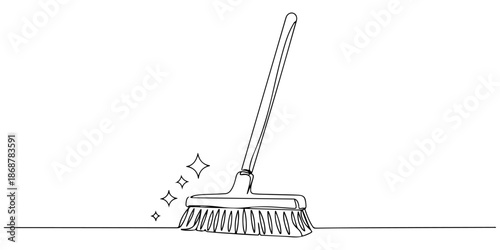 Continuous one line drawing of a broom, symbolizing cleanliness and simplicity, line art style vector illustration.