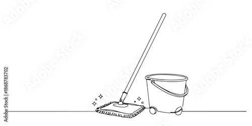 Continuous one line drawing of a rotary mop with a rotating bucket, depicting cleaning and innovation, line art style vector illustration.