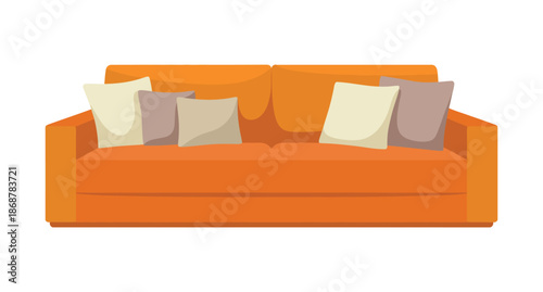 A vibrant orange couch with throw pillows on a white background