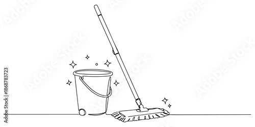 Continuous one line drawing of a rotary mop with a rotating bucket, depicting cleaning and innovation, line art style vector illustration.