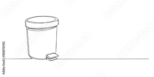 Continuous one line drawing of a trash can with a foot pedal, depicting disposal and cleanliness, line art style vector illustration.
