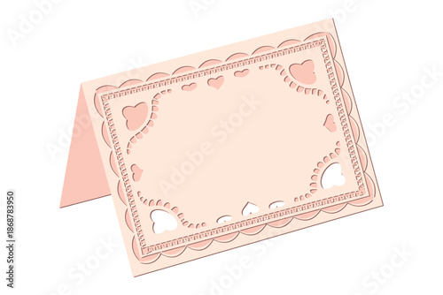 A pink greeting card with a heart design on a white background