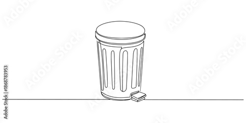 Continuous one line drawing of a trash can with a foot pedal, depicting disposal and cleanliness, line art style vector illustration.