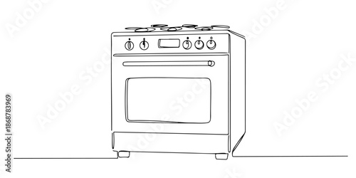 Continuous one line drawing of electric oven with door handle, depicting modern baking and appliances, line art style vector illustration.