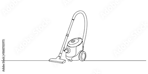 Continuous one line drawing of a vacuum cleaner with wheels, depicting cleanliness and efficiency, line art style vector illustration.