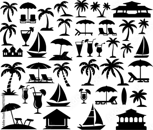 Black and white vector illustration set of beach and tropical vacation elements with palms, boats, umbrellas and seaside objects. Perfect for travel branding and prints.