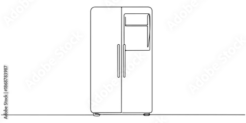 Continuous one line drawing of a refrigerator with double doors, depicting food storage and freshness, line art style vector illustration.