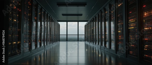 Data center servers lined up in a row with window in the background