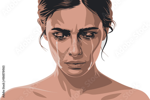 A sad woman crying with tears streaming down her face in a melancholic expression
