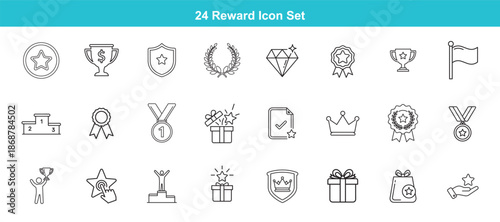 Reward and Achievement Thin Line Icon Set Minimalist Outline Symbols for Victory Trophy Medal Award and Success Recognition Black and White Vector Illustration