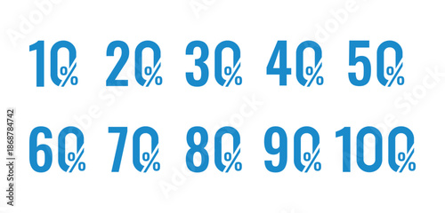 Blue Percentage Numbers 10 to 100 sale discount isolated on transparent background