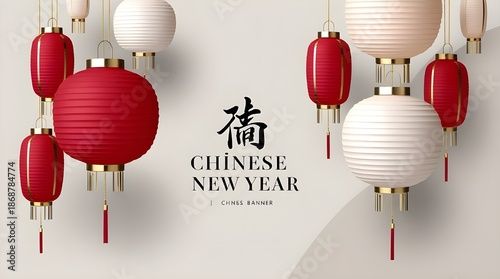 Chinese New Year Lantern Banner With Red And White Ornaments For Festive Celebration