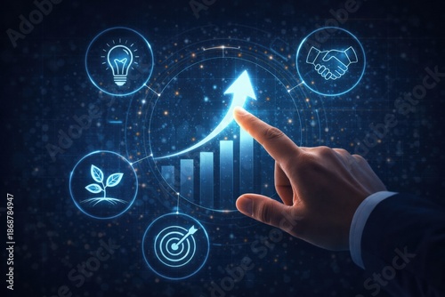 Conceptual illustration of a human hand interacting with a glowing digital interface featuring an upward arrow and floating icons representing innovation, teamwork, sustainability, and target achievem
