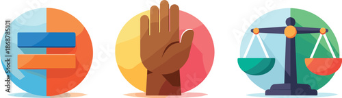 Balanced Symbolic Icons. Fundamental rights recognition visualized through balanced flat geometry, three symbolic icons arranged