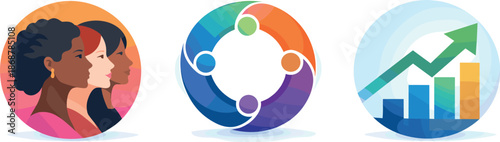 Future-Ready Women Leaders. Modern women leadership framework designed as future-ready business cycle, three symbolic icons