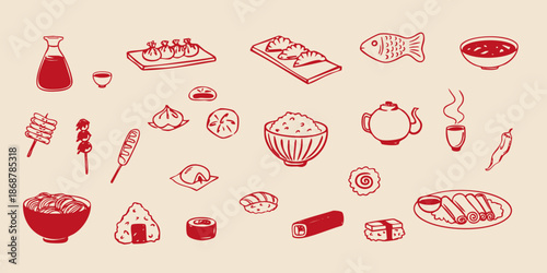 Hand drawn Asian food set with traditional dishes and ingredients including sushi, ramen, rice bowl, dumplings, tea, sweets, and sauces. Vector illustration.