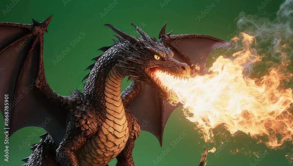 Fototapeta premium Fierce Dragon Breathing Fire with Wings Spread Wide.