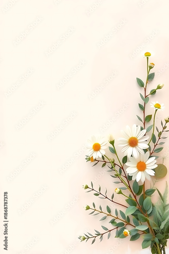 Fototapeta premium Soft Daisy and Eucalyptus Floral Frame on Beige Background – Romantic Watercolor Border