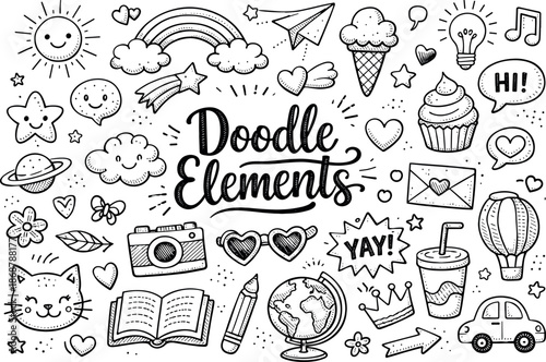 Monochrome Doodle Set. Cheerful mood doodle elements set, hand drawn doodle elements set, center hand-lettered title, black &