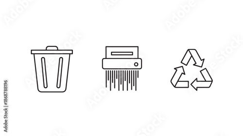 Recycle Bin Trash Can and Paper Shredder Icon Set Minimalist Black Line Art Vector Illustration for Waste Management