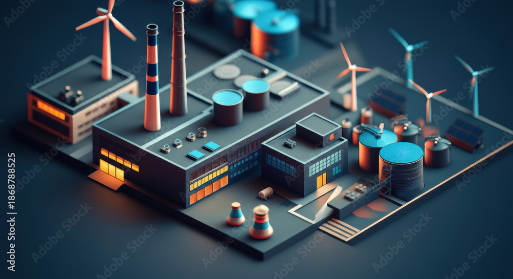 Obraz premium Industrial energy plant with wind turbines and storage tanks in miniature