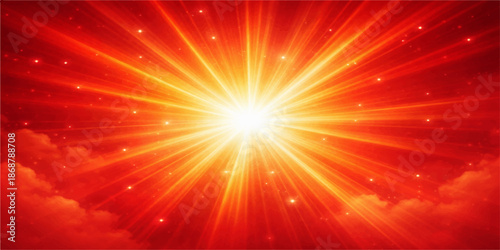 An abstract vector design features a bright red and orange starburst explosion with glowing yellow rays of light and energy shining against a hot textured backdrop wallpaper illustration