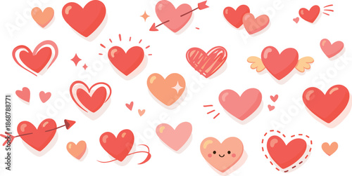 Heart Doodle Art. Playful hand-drawn heart sketches scattered with casual rhythm, modern flat vector illustration representing the