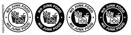 No Junk Food Prohibition Label and Badge with Healthy Eating Symbol Vector