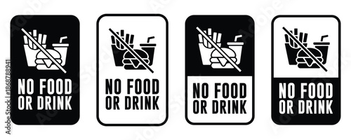 No Food or Drink Prohibition Label and Badge Set with Warning Symbol Vector