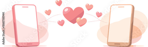 Phone Romance. Minimal phone silhouettes connected by floating heart icons in calm harmony, modern flat vector illustration