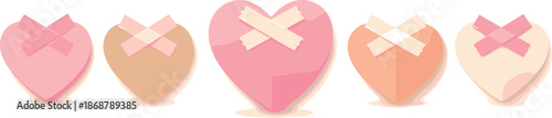 Tape Hearts Art. Minimal cut-paper hearts held in place by crossed tape accents and gentle spacing, modern flat vector