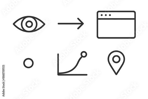 Web Gaze Detection Icons. Line vector icons of web gaze detection: eye symbol, motion arrow, site panel, fixation dot, tracking