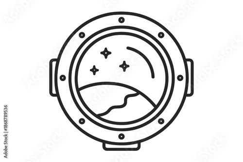 Luxury Space Cabin Window. Line vector icons of luxury space cabin window: porthole outline, Earth band, small stars, frame plate,