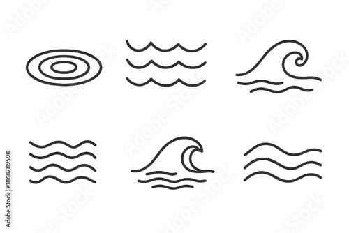 Oceanic Wave Harmony. Line style icons of oceanic wave harmony: ripple ring, balanced tide, calm sea, surf curve, wave rhythm,