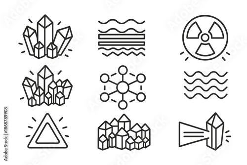 Luminous Mineral Systems. Line style icons of luminous mineral exposure systems: glowing crystal grid, layered emission lines,