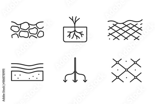 Geological Root Protection Icons. Line style icons of geological root protection systems: rock contour web, soil root network,