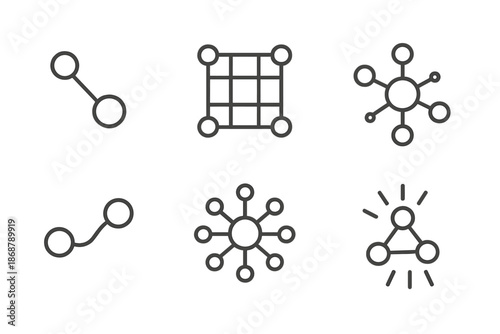 Opalescent Line Icons. Line style icons of opalescent junction symbols: reflective node, layered connection grid, shimmering