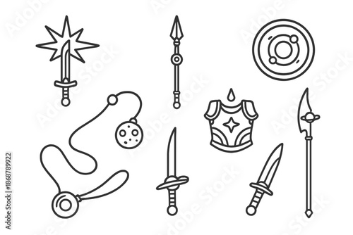 Cosmic Battle Icons. Line style icons of cosmic battle equipment: supernova blade, photon spear, plasma buckler, meteor hammer,