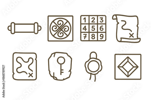 Antique Puzzle Icons. Line style icons of antique puzzle archives: scroll case, symbolic pattern, aged code grid, folded parchment