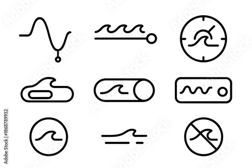 Oceanic Control Icons. Line style icons of oceanic control surfaces: crest interface node, sea option slider, tide bar dial,