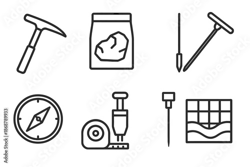 Geological Survey Icons. Line style icons of geological surveying tools: rock hammer, sample bag, seismograph, soil probe,