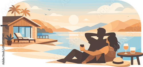 Minimal Couple Retreat. Minimal couple silhouettes relaxing near a cabin or hotel with calm vacation mood, modern flat vector