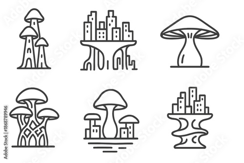 Bio-Architectural Fungi Icons. Line style icons of bio-architectural fungi forms: hybrid myco tower, root pillar skyline, cap