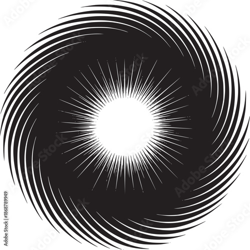 Abstract black and white vortex design with radiating lines and circular center on white background