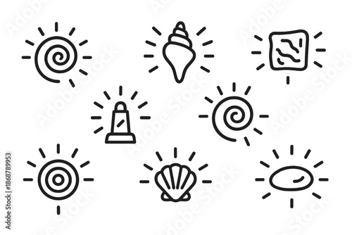 Luminous Shell Icons. Line style icons of luminous shell indicators: radiant spiral shell, glowing conch marker, reflective nacre