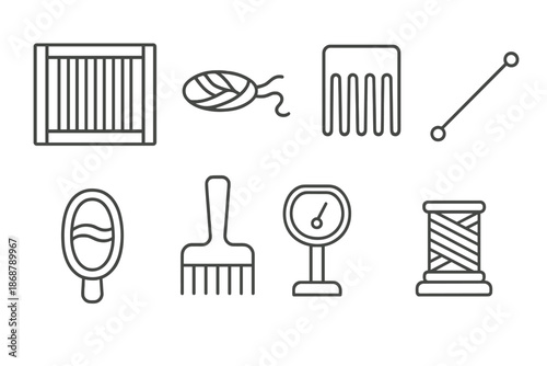 Lagoon Tapestry Tools. Line style icons of lagoon tapestry tools: shallow loom frame, aquatic thread reel, current comb, lagoon