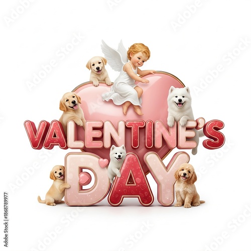 cute puppies and little angel with valentine's day greeting on pink heart background